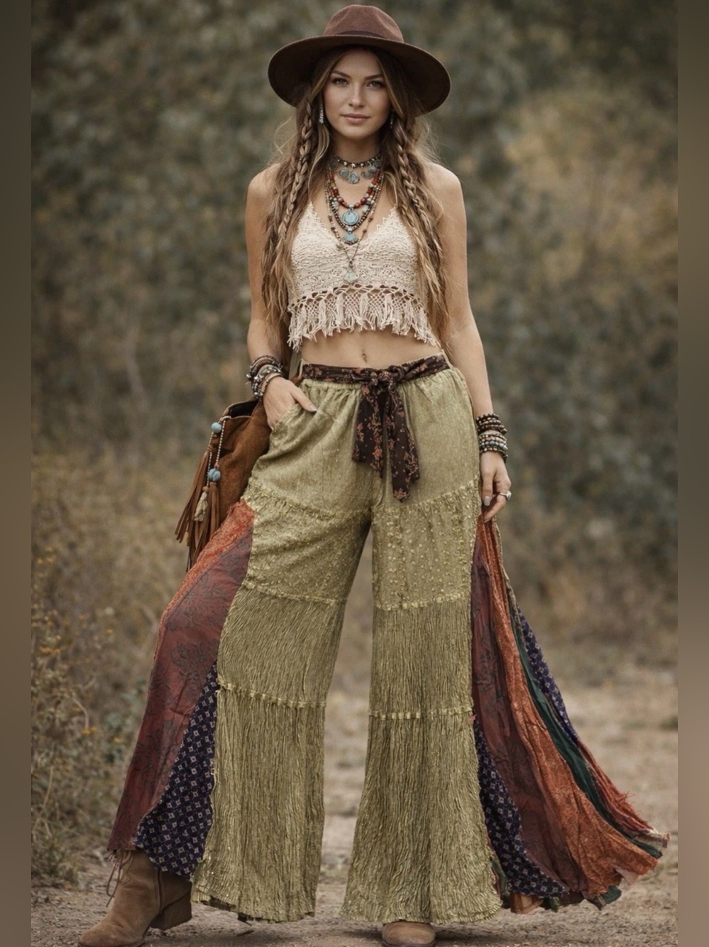 H022 NWT Young Thread L w15-22 Wide Leg Boho Patchwork Pants in Olive